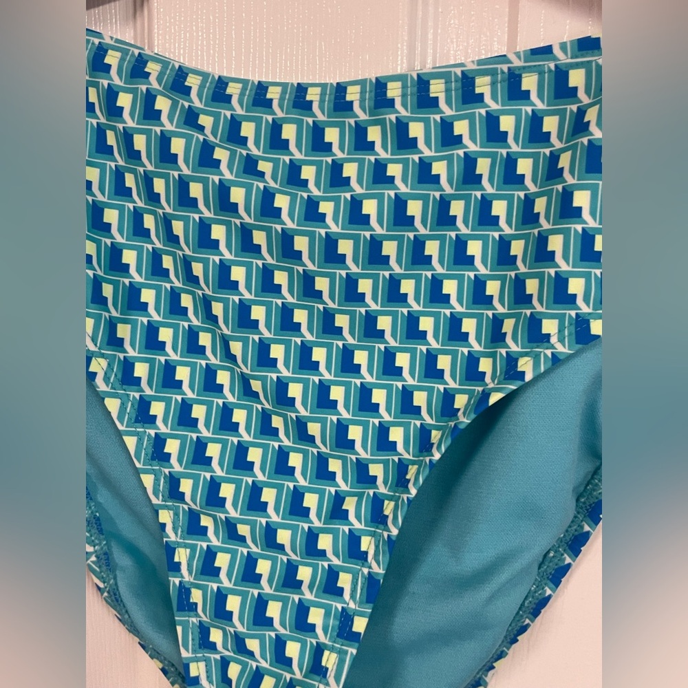 NWT Time and Tru High Waist Geo Print Bikini Bottoms Size M Teal Blue Swim - Picture 7 of 11